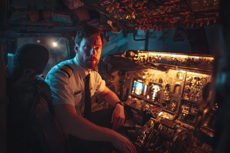 Pilot in the cockpit of a flight simulator during a training session, demonstrating expertise and professionalism in aviation operationsの素材