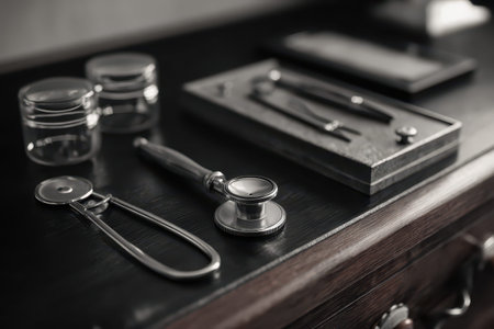 Realistic representation of a doctor's office equipment showcasing essential medical tools on a wooden tableの素材