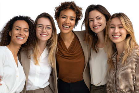 Diverse group of successful businesswomen smiling confidently together in a studio setting showcasing their achievements and camaraderieの素材