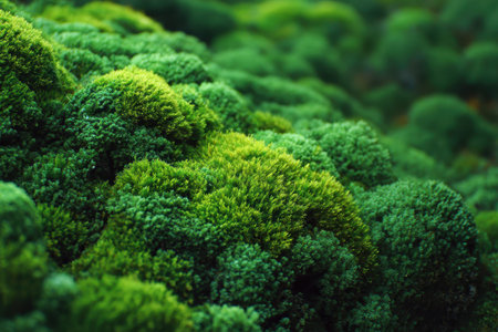 Vibrant green moss covers the forest floor, showcasing detailed textures and layers in a lush natural environment during the daylight hoursの素材