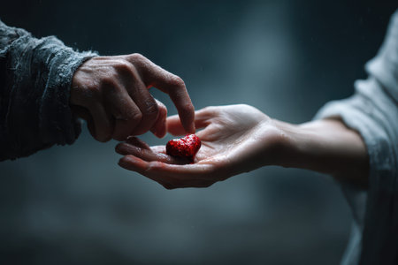Sharing love and compassion through charity by offering a heart-shaped symbol of hope in a moment of connection and supportの素材