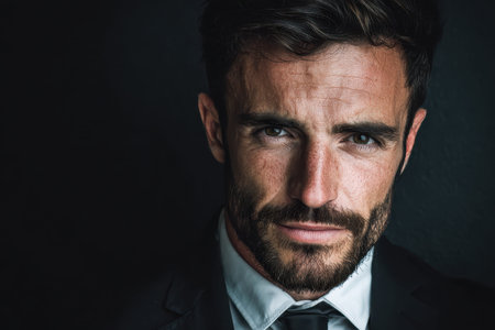 Businessman posing confidently against a dark background showcasing professionalism and charisma in a modern office setting during late afternoon hoursの素材