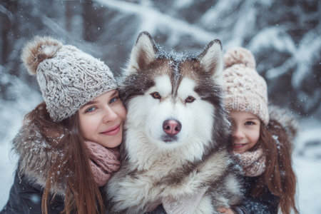 Mother and daughter share a warm embrace with their pet dog in a snowy winter landscape surrounded by treesの素材