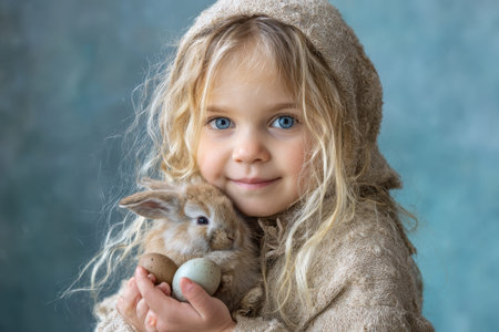 Cute little girl happily holding a bunny and Easter eggs, celebrating springtime joy in a cozy indoor setting with soft colors and a warm atmosphereの素材