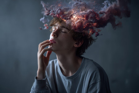 Exploration of thoughts in a young man's mind depicting ADHD emotions and challenges in an artistic, abstract representationの素材