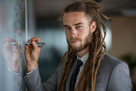 Confident businessman with dreadlocks writing on an adhesive board in a modern office during a brainstorming sessionの素材