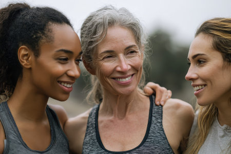 Multi generational women enjoying a joyful moment together outdoors while sharing laughter and connecting in a natural setting during the dayの素材