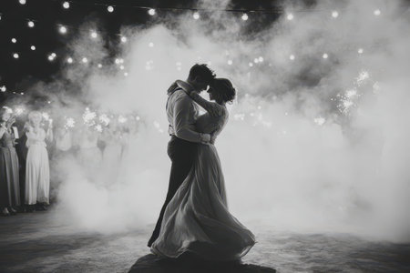 Beautiful newlywed couple shares intimate first dance under twinkling lights and sparklers at their wedding reception during a magical evening celebrationの素材