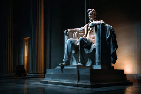 Lincoln Memorial statue illuminated at night in Washington DC showcasing historical significance and architectural beautyの素材