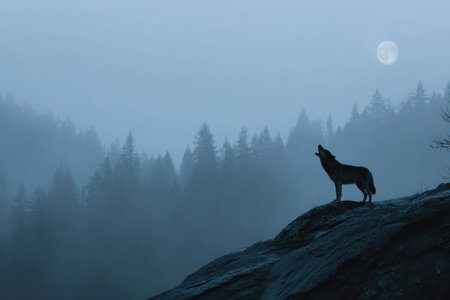 Lone wolf howls at the full moon from a rocky outcrop in a misty forest at duskの素材