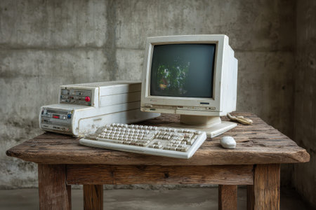Old and obsolete computer resting on a weathered wood table in a minimalist indoor space, showcasing a glimpse of vintage technology amidst a concrete backdropの素材