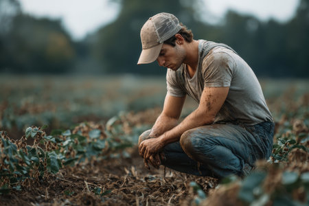 Farmer tending to soybean field with hoe in a rural setting during late afternoon lightの素材
