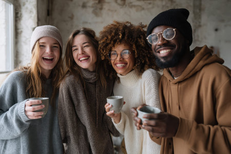 Friends share laughter and cozy moments while sipping warm drinks in a stylish indoor space during a lighthearted gathering in the afternoonの素材