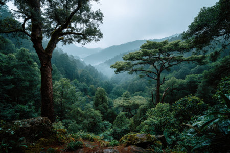 Majestic rainforest under misty conditions showcasing dense greenery and towering trees in a tranquil natural settingの素材