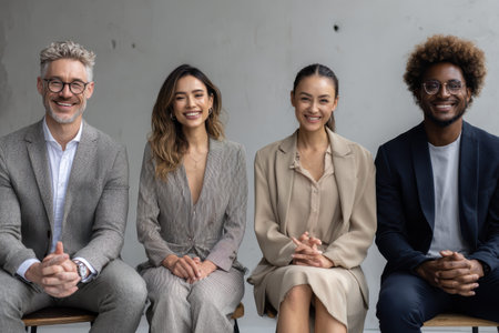 Close-knit group of diverse business professionals happily seated together in modern office setting, displaying camaraderie and teamwork during a collaborative meetingの素材