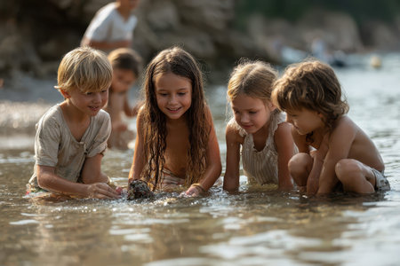 Happy kids enjoy playful moments while exploring the sea in the warm evening light at a beautiful beach locationの素材