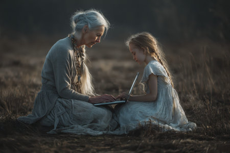 Tender moments between grandmother and granddaughter as they explore a laptop in a serene outdoor setting during a quiet afternoonの素材