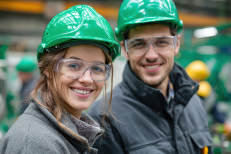 Smiling woman and man wearing green hard hats in a workplace environment engaged in teamwork and safety protocolsの素材