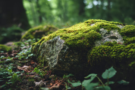 Moss-covered stone nestled in the lush forest undergrowth of Wisconsin during early springの素材