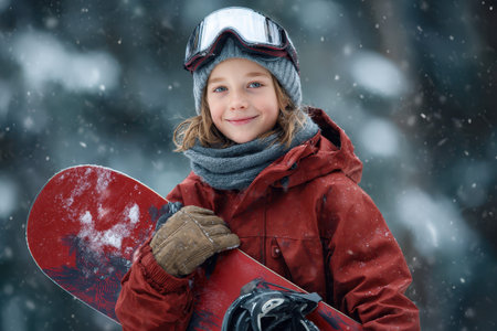 Cheerful child snowboarder excitedly holding a red snowboard in a snowy landscape during winter sports activitiesの素材