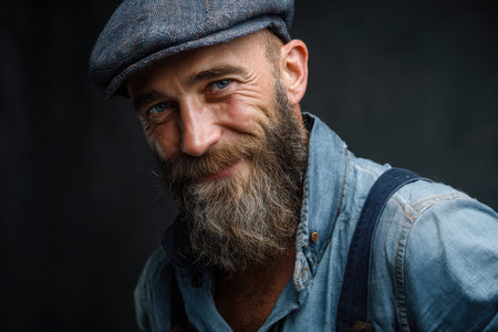 Happy bearded farmer wearing a cap and smiling confidently at the camera while showcasing his passion for agriculture in a rustic settingの素材