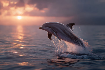 Dolphin leaps gracefully above the water at sunset while playful splashes create a magical scene of nature's beautyの素材