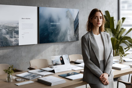 Modern professional standing confidently in a stylish office environment with elegant pitch deck materials displayed on a contemporary workspaceの素材