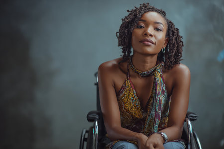 Portrait of a young African woman with disabilities sitting confidently in a wheelchair, showcasing strength and beauty in a studio environmentの素材