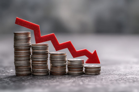 Graph shows declining trend with red arrow pointing down alongside stacked coins indicating a drop in financial valueの素材