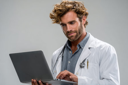 Male doctor engaged in medical research using laptop computer in a clinical environment during the daytimeの素材