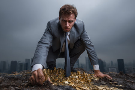 Businessman grappling with bad investment decisions during economic crisis while surrounded by coins on a rooftopの素材