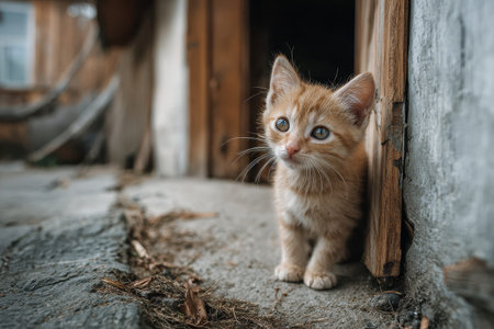 Homeless kitten curiously gazes at the camera while sitting on a street near weathered wooden buildings in the late afternoon lightの素材