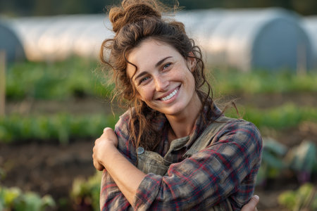 Happy young woman farm worker joyfully embracing her passion for agriculture under a clear sky in a bountiful vegetable field during late afternoon hoursの素材