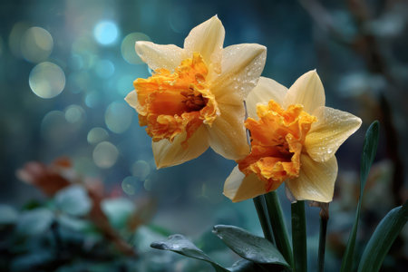 Bright colorful daffodils blooming in a serene garden under soft morning light with sparkling raindropsの素材