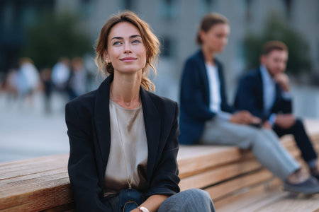 Female businesswoman sitting on bench with coworkers, engaged in conversation at outdoor workplace, sunny dayの素材