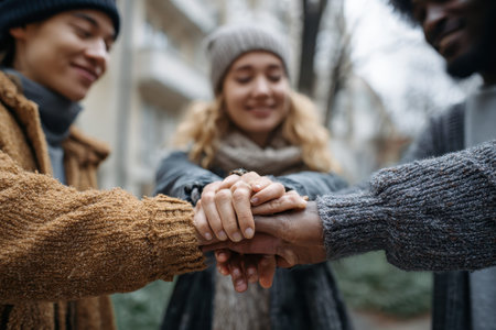 Young intercultural friends clinking their hands together in a joyful moment outdoors during a chilly day in a friendly gatheringの素材