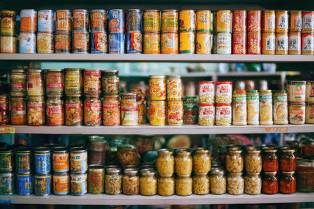 Community food pantry shelves display a variety of canned goods and jars offering essential supplies for local residents in need during a busy afternoonの素材