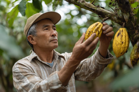 Farmer examines cocoa fruit in plantation during harvest season, focusing on quality evaluation and agricultural practices in a tropical environmentの素材