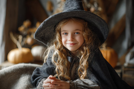 Cute smiling child girl witch in cozy autumn setting surrounded by pumpkins and festive decor during Halloween celebrationの素材