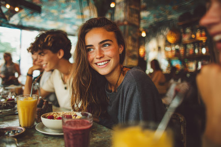 Young people enjoying brunch together at a lively cafe while sipping colorful smoothies and sharing laughter in a vibrant setting during daytimeの素材