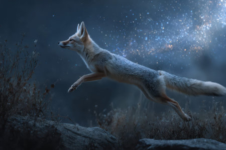 Celestial fox leaping across a starry night sky showcases the beauty of nature and imagination in harmony under a celestial displayの素材