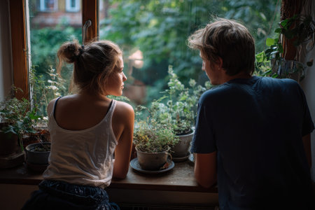 Trough window view of a young couple enjoying a moment of connection while gazing at the greenery outside in a cozy indoor setting during the late afternoonの素材
