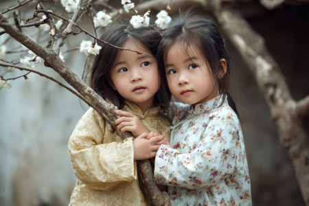 Two Asian little girls enjoying a moment of connection surrounded by blossoming flowers in a serene outdoor setting during early springの素材