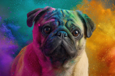 Vibrant pug poses against colorful rainbow paint explosion wallpaper highlighting playful tones and joyous energyの素材