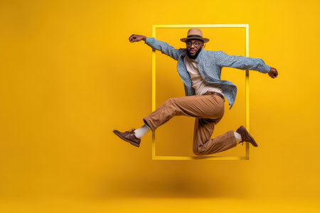Dynamic African American man captured mid-jump in a vibrant yellow background showcasing lively dance moves and energy in a creative settingの素材