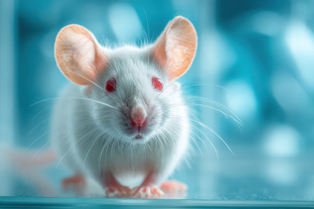 Closeup view of a white mouse with large ears perched on a surface, showcasing its curious expression and delicate featuresの素材