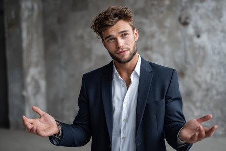 Young man in business attire explains concepts with enthusiasm in an industrial setting during a professional seminar focused on innovative ideas and strategiesの素材