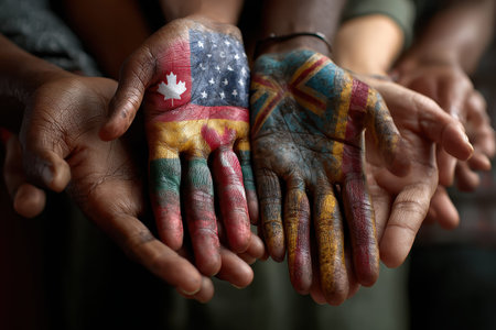 Diverse hands showcasing flags of different nations, symbolizing unity and respect among various cultures and religionsの素材