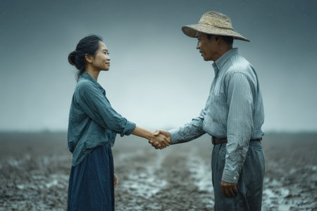 Business negotiation in agriculture between Asian farmer and businessman on a rainy day in the field, demonstrating mutual respect and collaboration for future venturesの素材