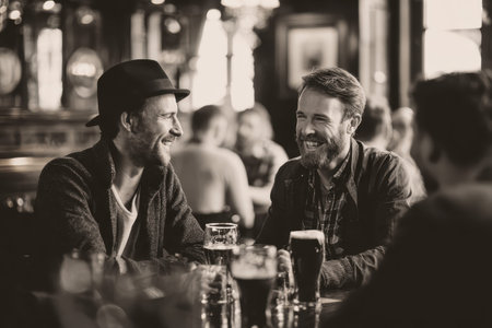 Mid adult men enjoy drinks and laughter at a lively pub during a social gathering, embracing friendship and good times in a cozy atmosphereの素材